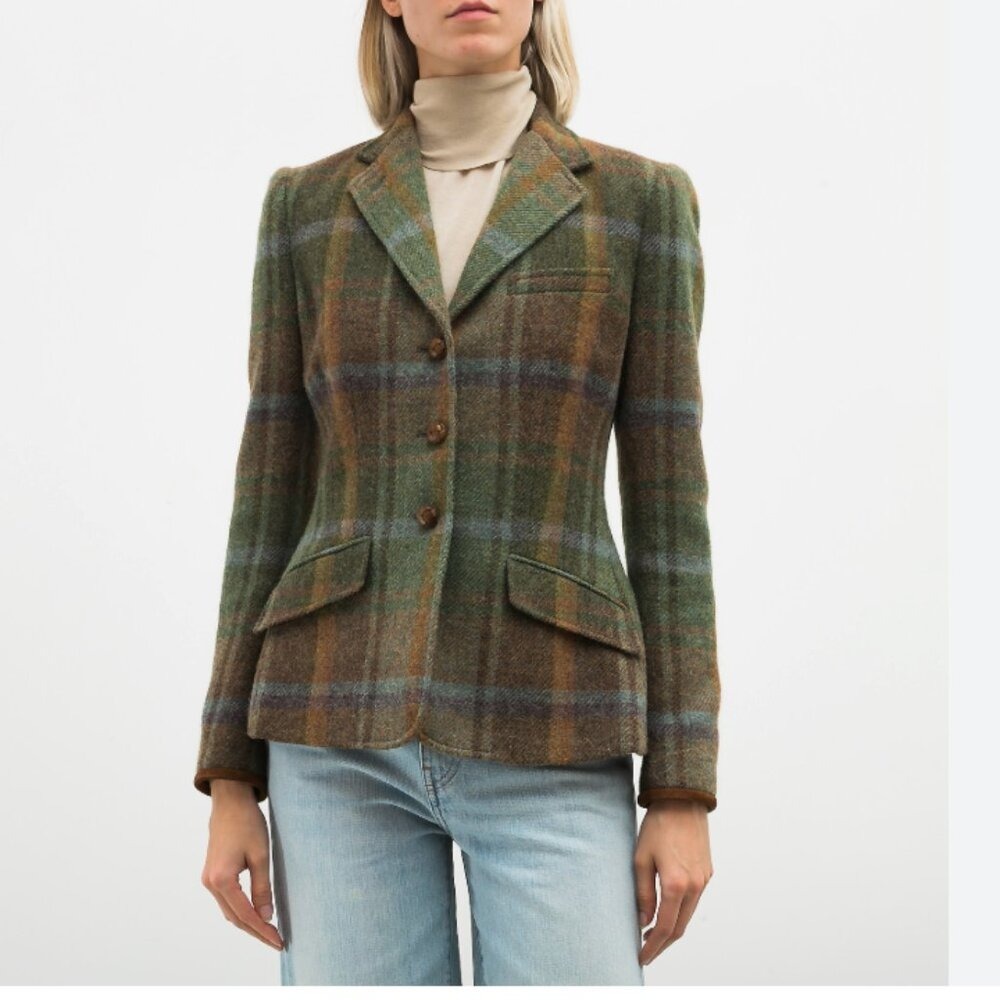 Vtg Ralph Lauren Blazer Jacket Plaid Equestrian Wool Alpaca Hunting Coat Green 8